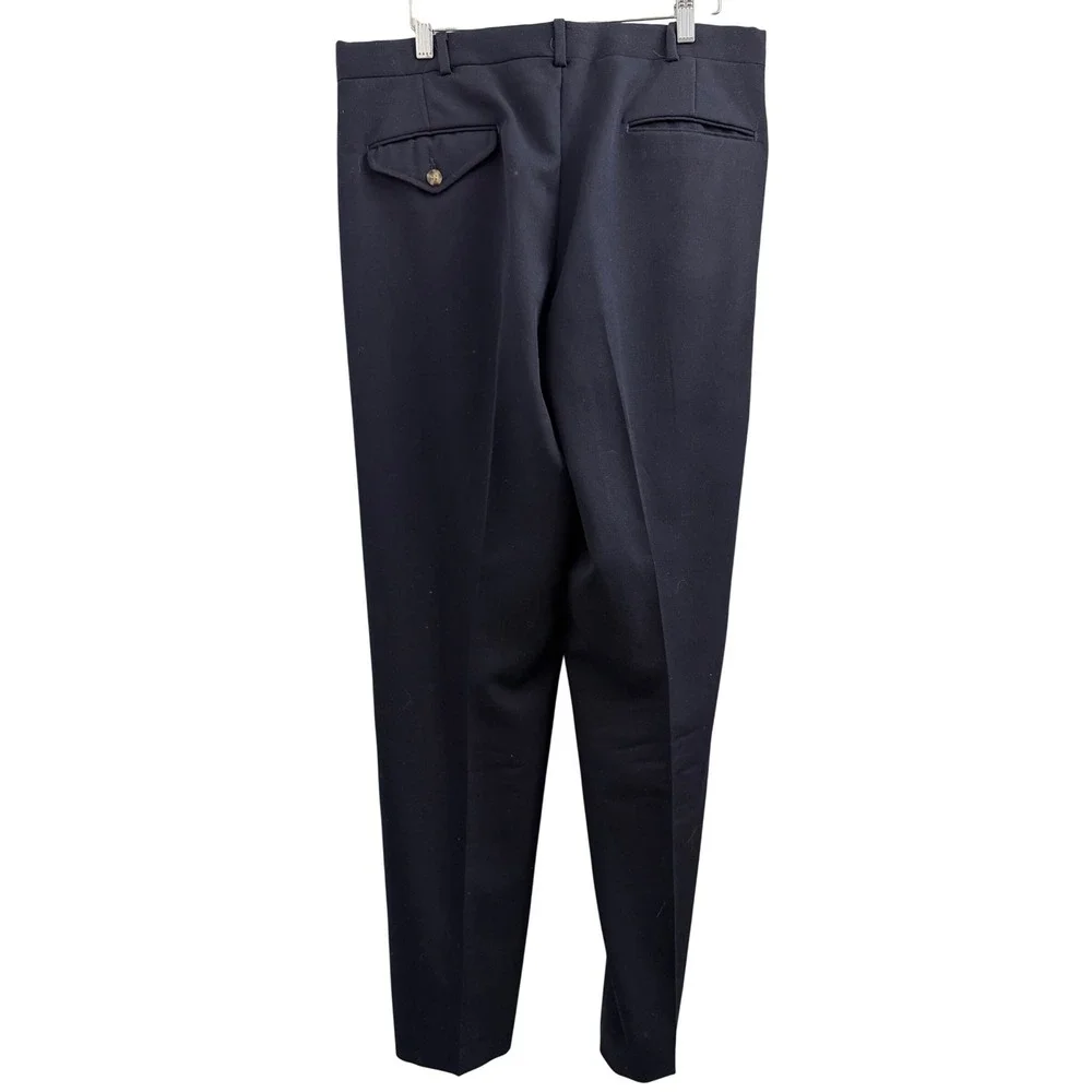 Vintage Lands End Mens Navy Blue Wool Blend Pleated Dress Pants Made in US 35x32